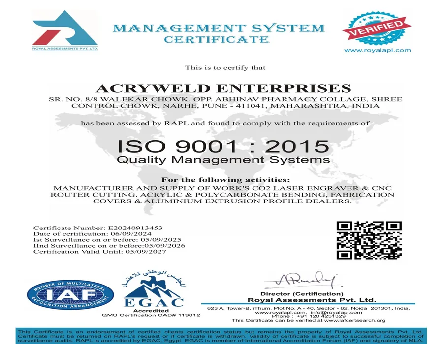 Acryweld Enterprises ISO 9001:2015 Quality Management Certificate